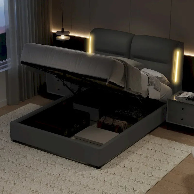 Letto Matrimoniale Queen Size con Contenitore Idraulico, Struttura in Metallo, Ecopelle, Adatto per 2 Persone
