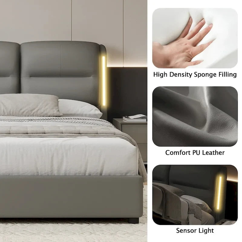 Letto Matrimoniale Queen Size con Contenitore Idraulico, Struttura in Metallo, Ecopelle, Adatto per 2 Persone