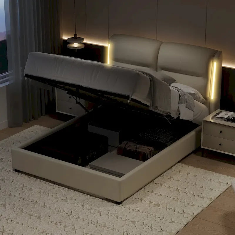 Letto Matrimoniale Queen Size con Contenitore Idraulico, Struttura in Metallo, Ecopelle, Adatto per 2 Persone