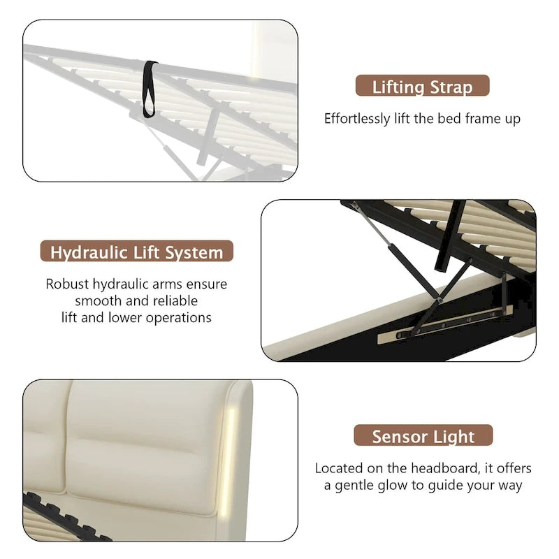Letto Matrimoniale Queen Size con Contenitore Idraulico, Struttura in Metallo, Ecopelle, Adatto per 2 Persone