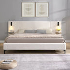 Letto King Size Bouclé Bianco con Luci da Lettura e Mensole nella Testiera