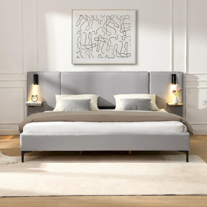 Letto King Size Bouclé Bianco con Luci da Lettura e Mensole nella Testiera