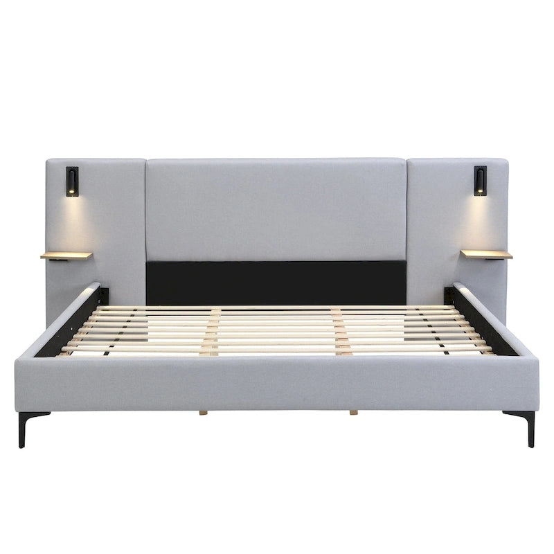 Letto King Size Bouclé Bianco con Luci da Lettura e Mensole nella Testiera