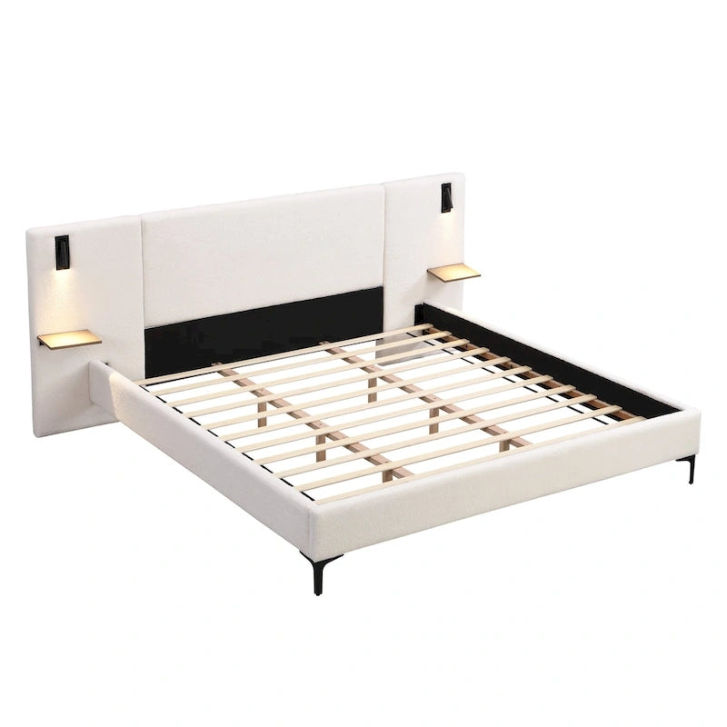 Letto King Size Bouclé Bianco con Luci da Lettura e Mensole nella Testiera