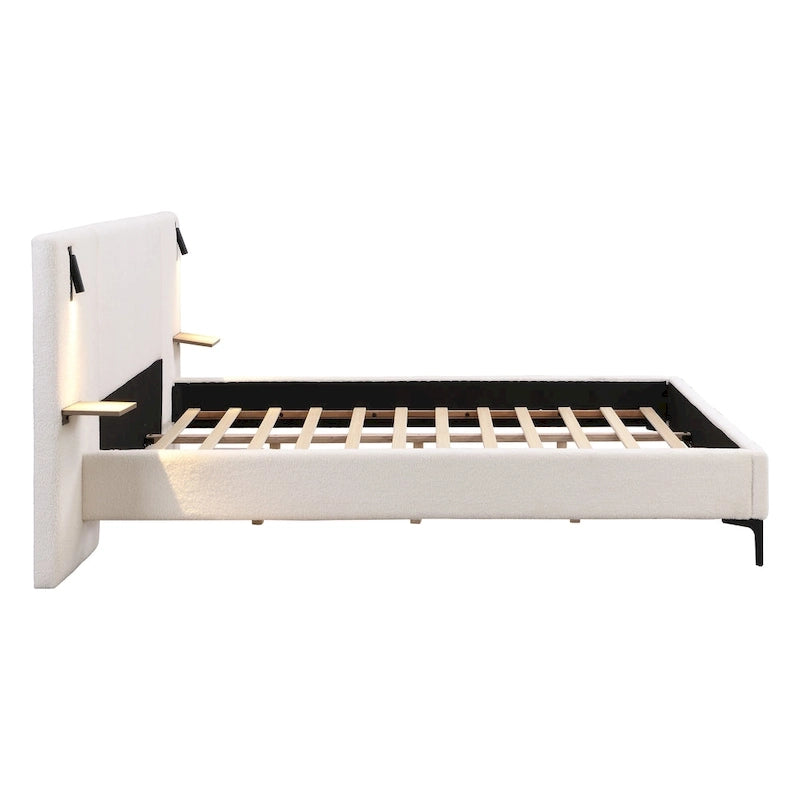 Letto King Size Bouclé Bianco con Luci da Lettura e Mensole nella Testiera