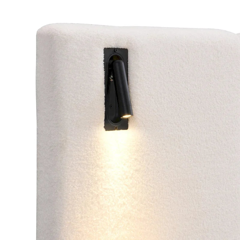 Letto King Size Bouclé Bianco con Luci da Lettura e Mensole nella Testiera