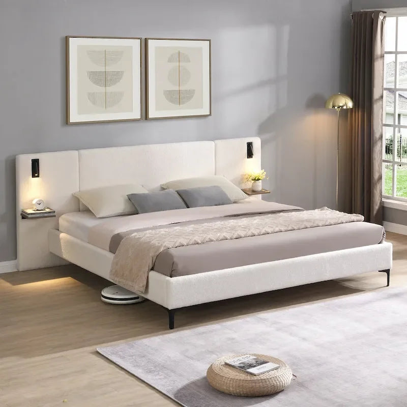 Letto King Size Bouclé Bianco con Luci da Lettura e Mensole nella Testiera
