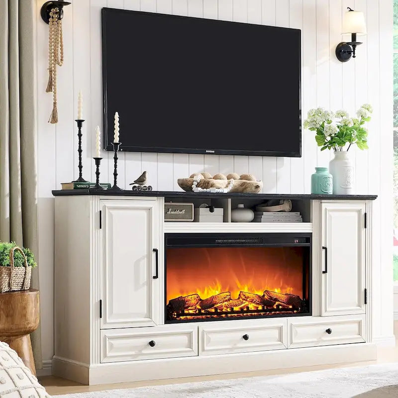 Mobile TV rustico con camino elettrico | Bianco antico / Nero / Marrone chiaro / Quercia viola | Adatto per TV fino a 80" | Montaggio da 1 persona