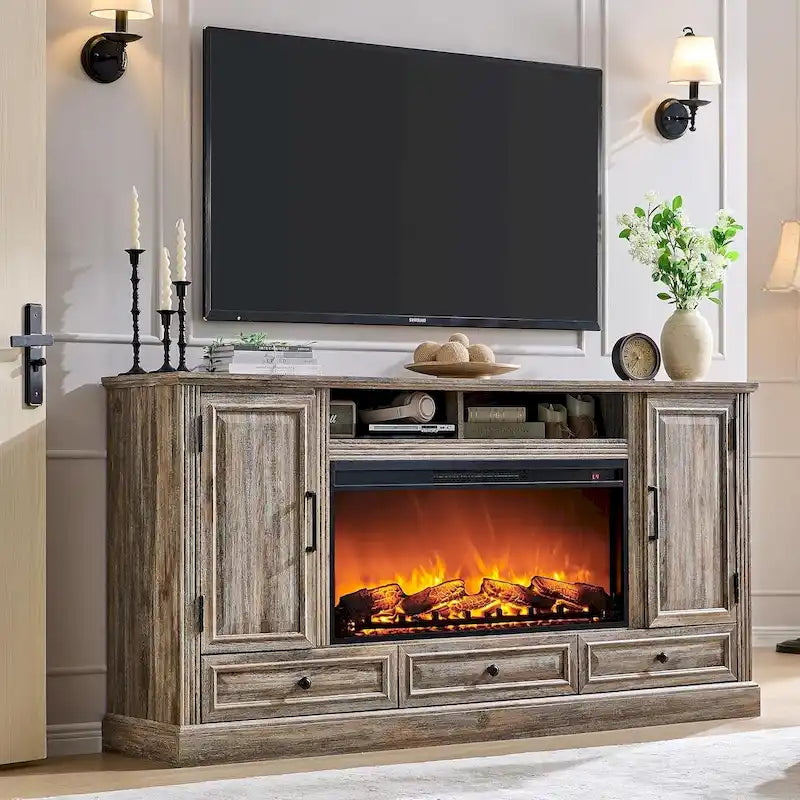 Mobile TV rustico con camino elettrico | Bianco antico / Nero / Marrone chiaro / Quercia viola | Adatto per TV fino a 80" | Montaggio da 1 persona