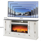 Mobile TV rustico con camino elettrico | Bianco antico / Nero / Marrone chiaro / Quercia viola | Adatto per TV fino a 80" | Montaggio da 1 persona