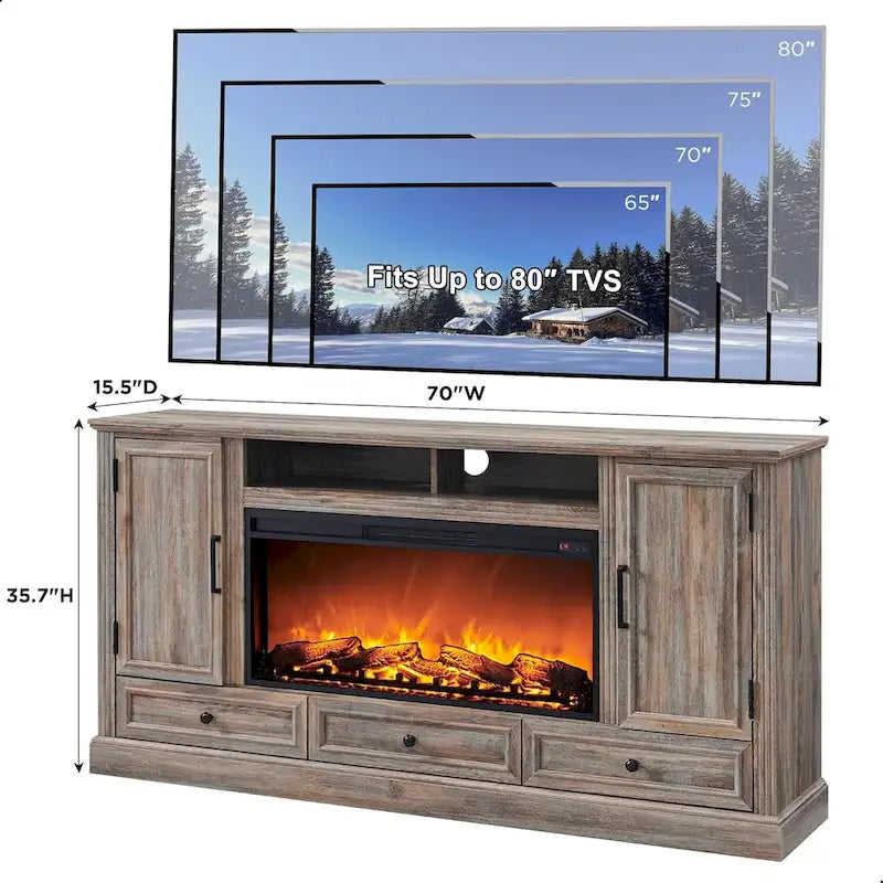 Mobile TV rustico con camino elettrico | Bianco antico / Nero / Marrone chiaro / Quercia viola | Adatto per TV fino a 80" | Montaggio da 1 persona
