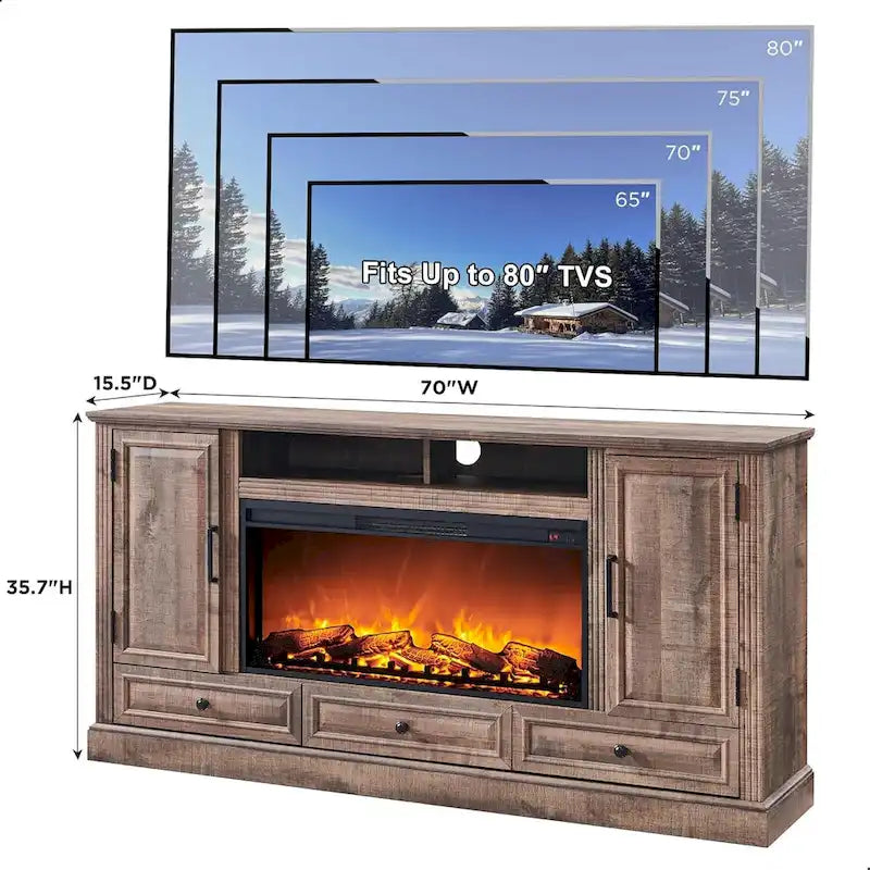 Mobile TV rustico con camino elettrico | Bianco antico / Nero / Marrone chiaro / Quercia viola | Adatto per TV fino a 80" | Montaggio da 1 persona