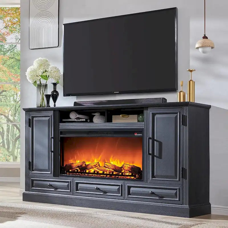 Mobile TV rustico con camino elettrico | Bianco antico / Nero / Marrone chiaro / Quercia viola | Adatto per TV fino a 80" | Montaggio da 1 persona