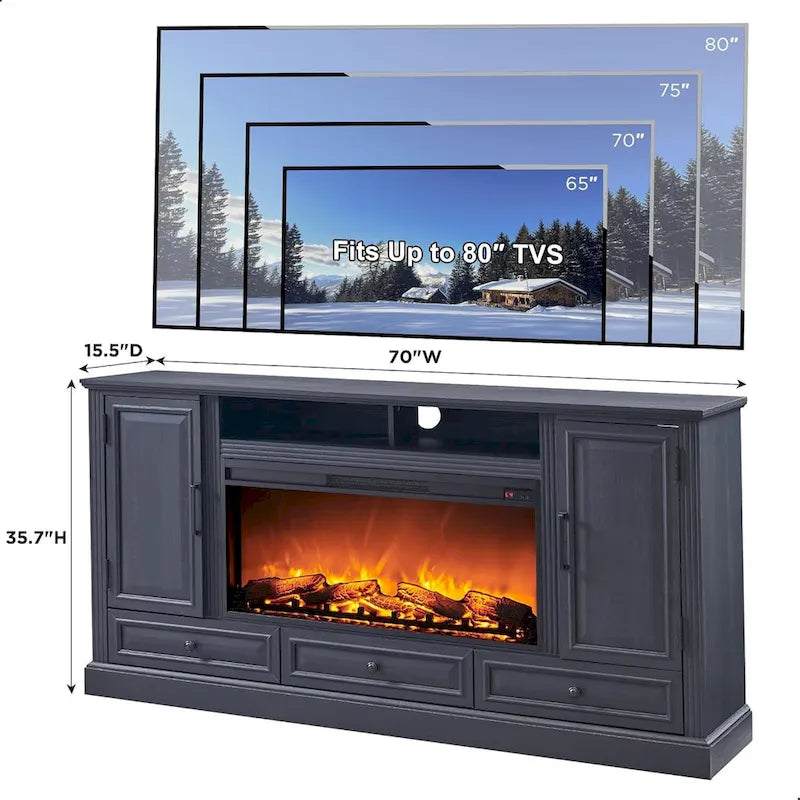 Mobile TV rustico con camino elettrico | Bianco antico / Nero / Marrone chiaro / Quercia viola | Adatto per TV fino a 80" | Montaggio da 1 persona