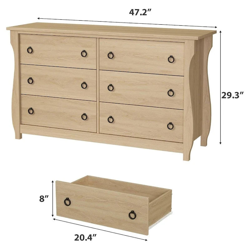 Comò bianco a 6 cassetti con inserti in rattan e gambe curve