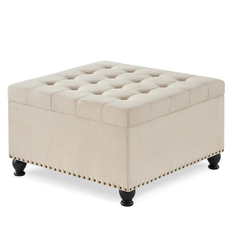 Poggiapiedi contenitore quadrato in lino/PU nero/beige/grigio scuro, trapuntato a bottoni, 1 posto