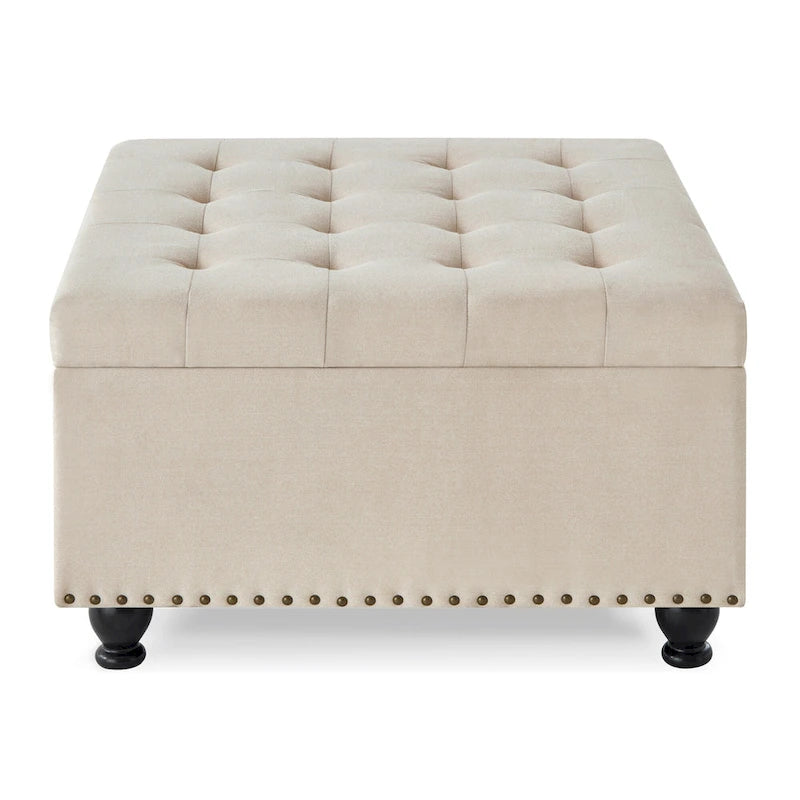 Poggiapiedi contenitore quadrato in lino/PU nero/beige/grigio scuro, trapuntato a bottoni, 1 posto