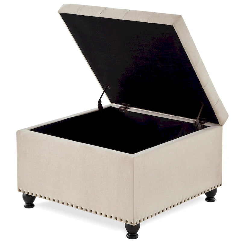 Poggiapiedi contenitore quadrato in lino/PU nero/beige/grigio scuro, trapuntato a bottoni, 1 posto