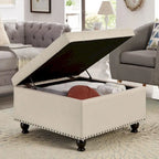 Poggiapiedi contenitore quadrato in lino/PU nero/beige/grigio scuro, trapuntato a bottoni, 1 posto