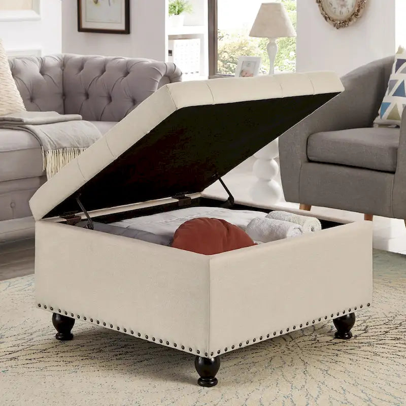 Poggiapiedi contenitore quadrato in lino/PU nero/beige/grigio scuro, trapuntato a bottoni, 1 posto