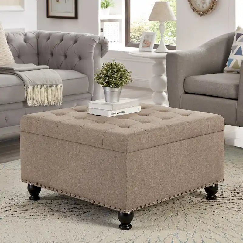 Poggiapiedi contenitore quadrato in lino/PU nero/beige/grigio scuro, trapuntato a bottoni, 1 posto