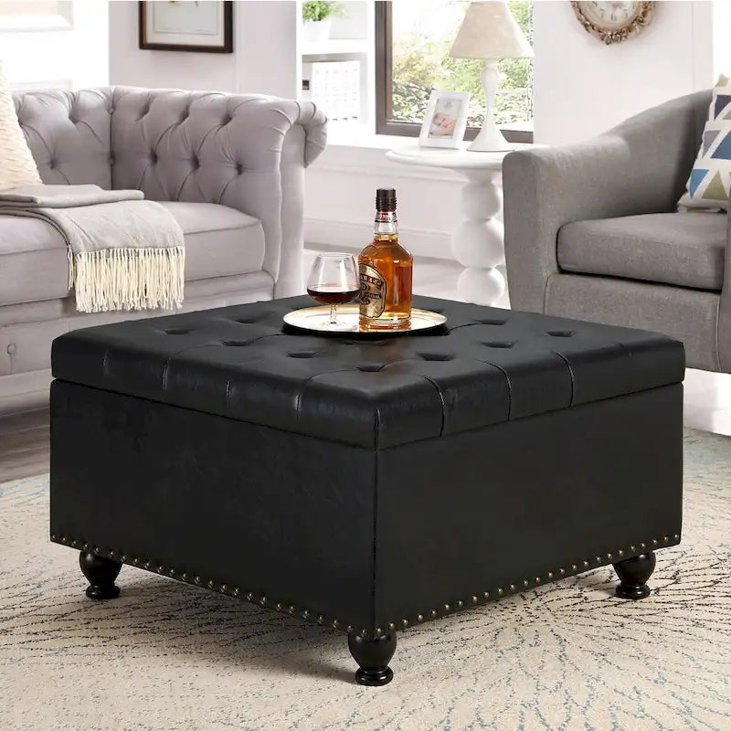 Poggiapiedi contenitore quadrato in lino/PU nero/beige/grigio scuro, trapuntato a bottoni, 1 posto