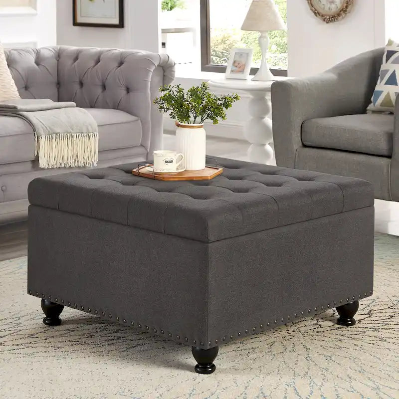 Poggiapiedi contenitore quadrato in lino/PU nero/beige/grigio scuro, trapuntato a bottoni, 1 posto