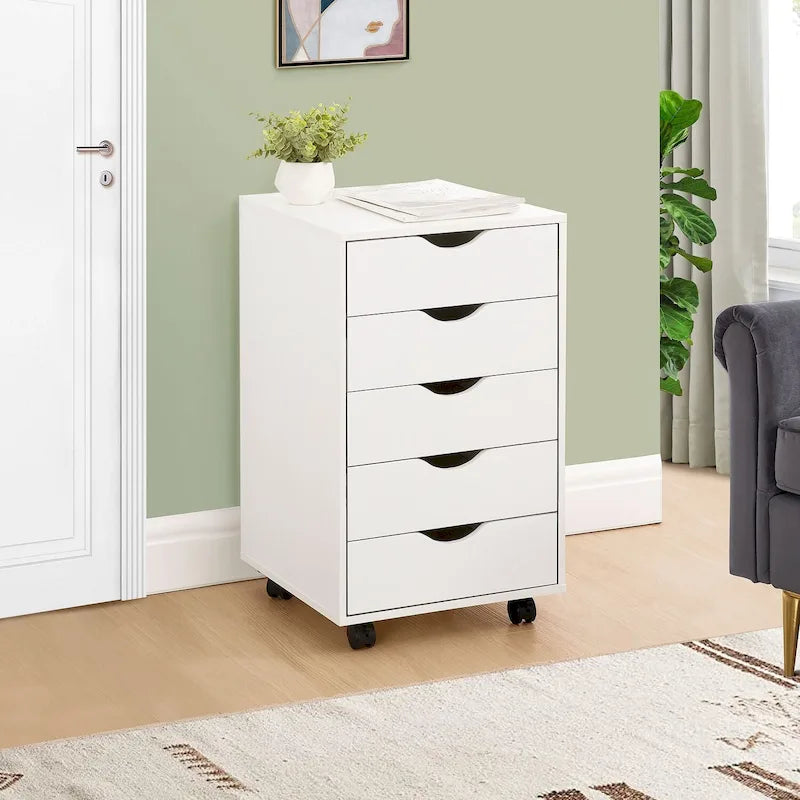 Cassettiera in Legno a 5 Cassetti con Ruote – Bianco / Espresso / Rovere Grigio / Nero Invecchiato / Naturale / Rovere Marrone / Rovere Vintage, 1 Persona
