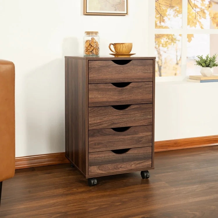 Cassettiera in Legno a 5 Cassetti con Ruote – Bianco / Espresso / Rovere Grigio / Nero Invecchiato / Naturale / Rovere Marrone / Rovere Vintage, 1 Persona