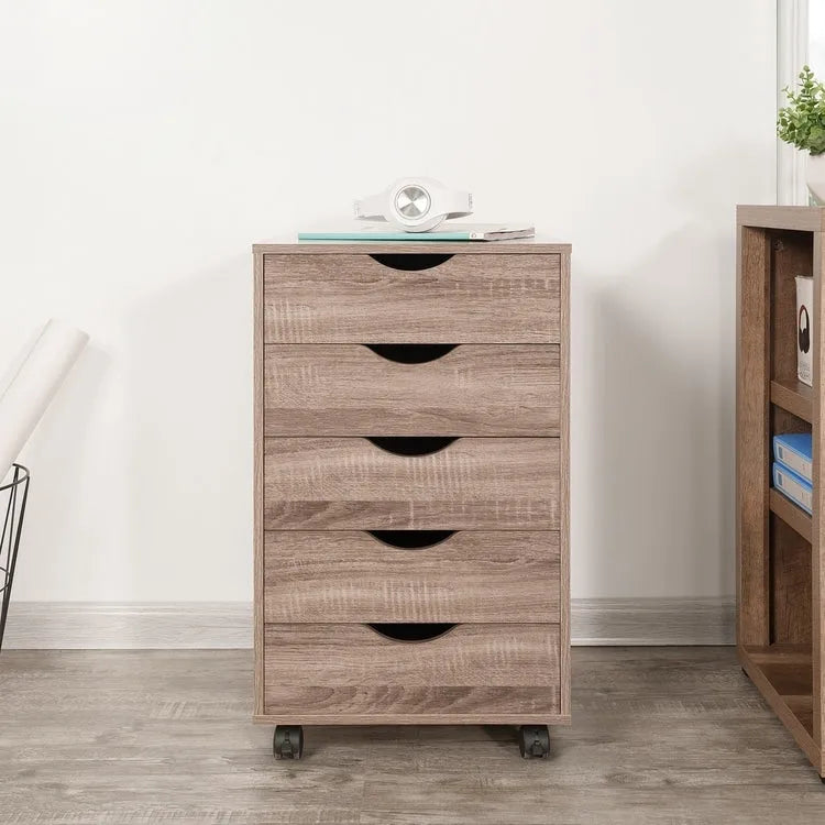 Cassettiera in Legno a 5 Cassetti con Ruote – Bianco / Espresso / Rovere Grigio / Nero Invecchiato / Naturale / Rovere Marrone / Rovere Vintage, 1 Persona