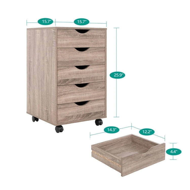 Cassettiera in Legno a 5 Cassetti con Ruote – Bianco / Espresso / Rovere Grigio / Nero Invecchiato / Naturale / Rovere Marrone / Rovere Vintage, 1 Persona