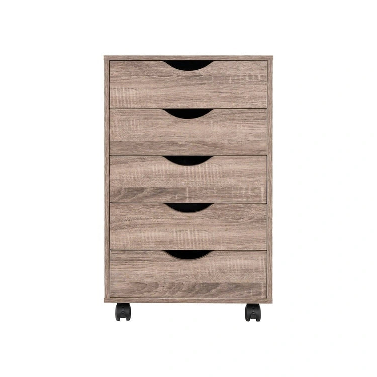 Cassettiera in Legno a 5 Cassetti con Ruote – Bianco / Espresso / Rovere Grigio / Nero Invecchiato / Naturale / Rovere Marrone / Rovere Vintage, 1 Persona