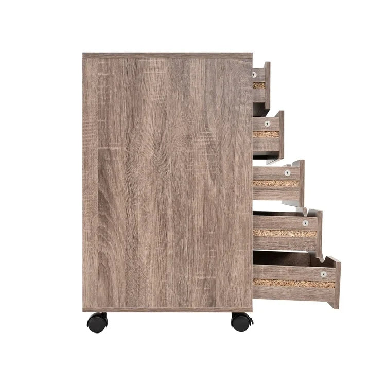Cassettiera in Legno a 5 Cassetti con Ruote – Bianco / Espresso / Rovere Grigio / Nero Invecchiato / Naturale / Rovere Marrone / Rovere Vintage, 1 Persona