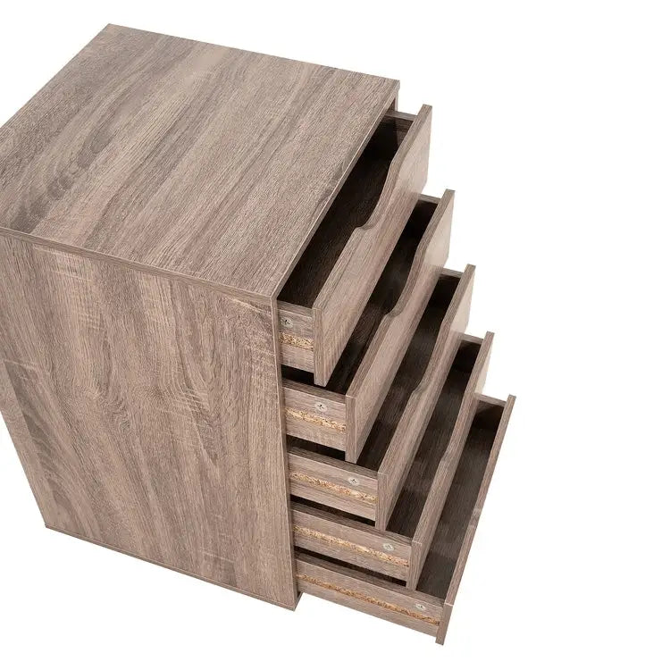 Cassettiera in Legno a 5 Cassetti con Ruote – Bianco / Espresso / Rovere Grigio / Nero Invecchiato / Naturale / Rovere Marrone / Rovere Vintage, 1 Persona