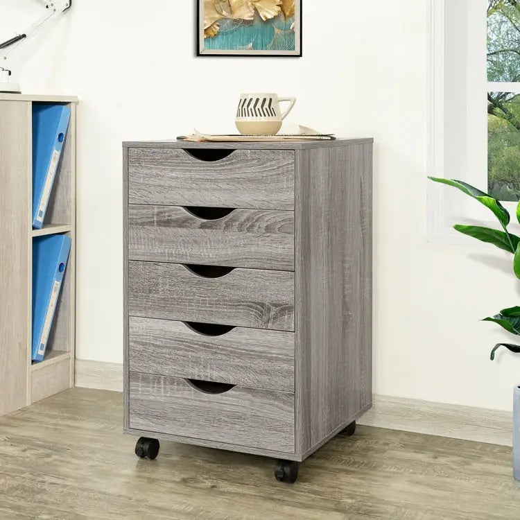 Cassettiera in Legno a 5 Cassetti con Ruote – Bianco / Espresso / Rovere Grigio / Nero Invecchiato / Naturale / Rovere Marrone / Rovere Vintage, 1 Persona