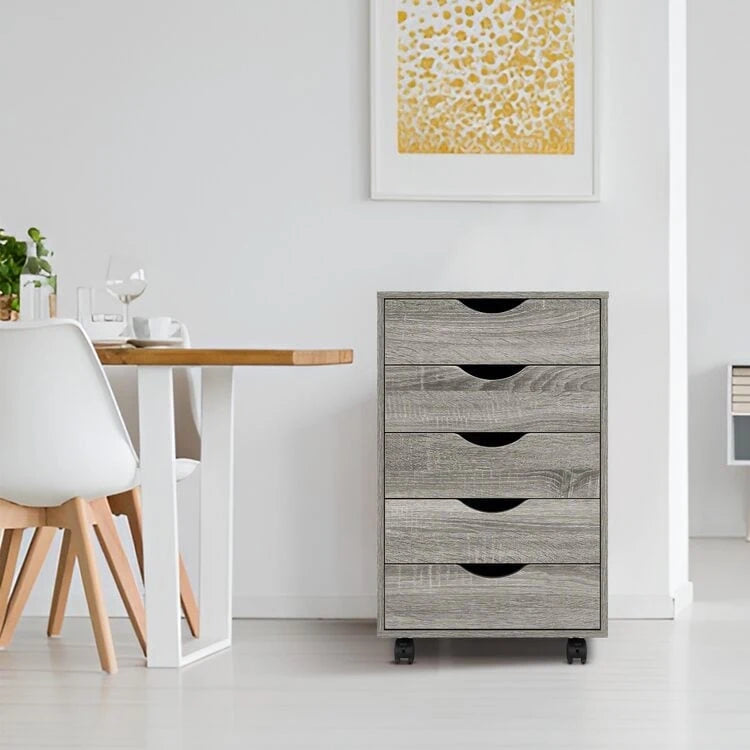 Cassettiera in Legno a 5 Cassetti con Ruote – Bianco / Espresso / Rovere Grigio / Nero Invecchiato / Naturale / Rovere Marrone / Rovere Vintage, 1 Persona