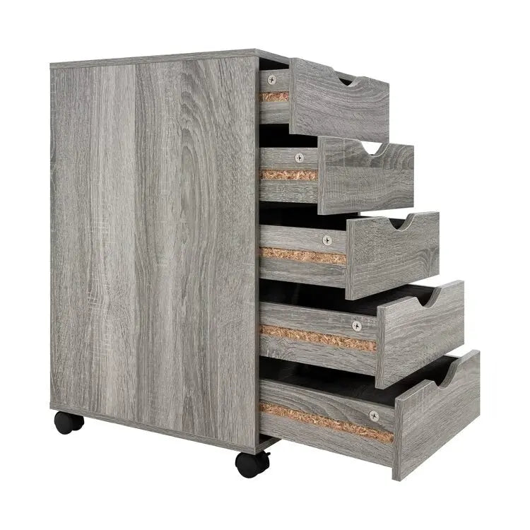 Cassettiera in Legno a 5 Cassetti con Ruote – Bianco / Espresso / Rovere Grigio / Nero Invecchiato / Naturale / Rovere Marrone / Rovere Vintage, 1 Persona