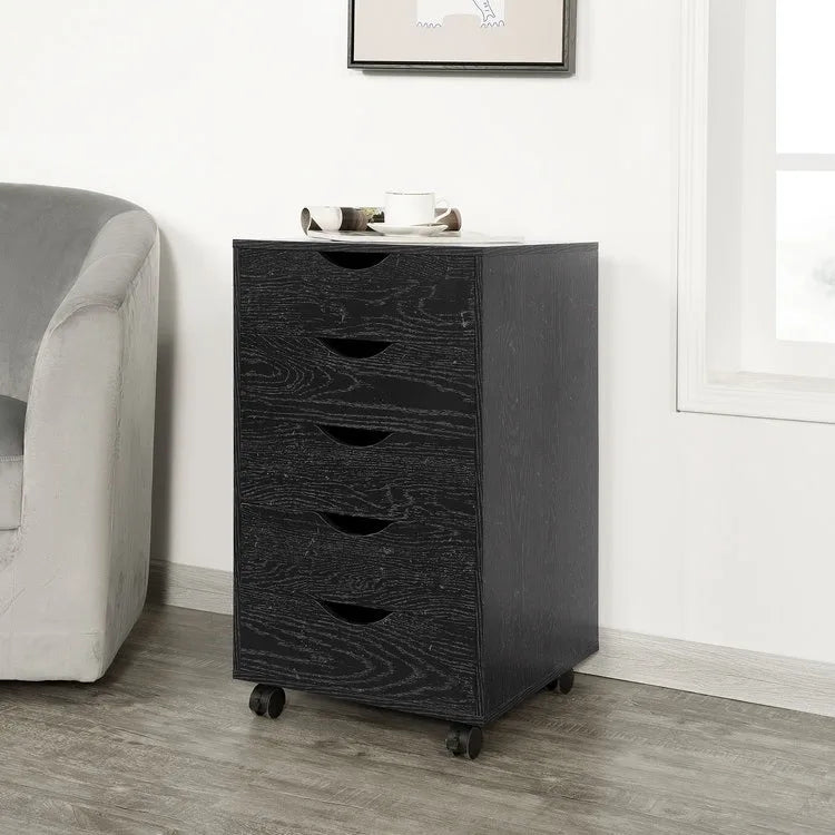 Cassettiera in Legno a 5 Cassetti con Ruote – Bianco / Espresso / Rovere Grigio / Nero Invecchiato / Naturale / Rovere Marrone / Rovere Vintage, 1 Persona