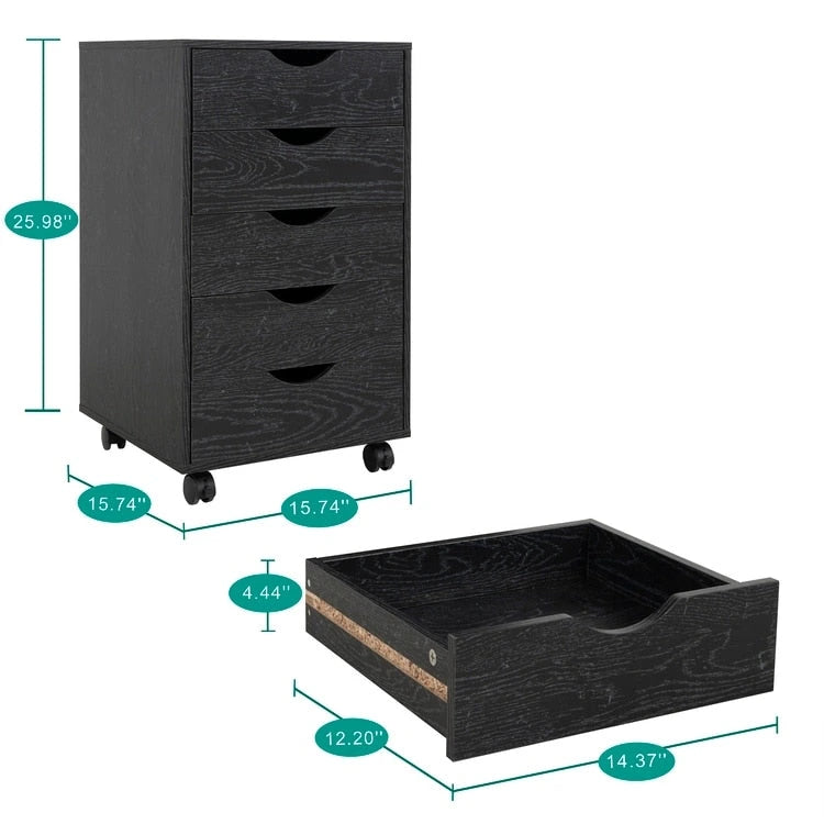 Cassettiera in Legno a 5 Cassetti con Ruote – Bianco / Espresso / Rovere Grigio / Nero Invecchiato / Naturale / Rovere Marrone / Rovere Vintage, 1 Persona