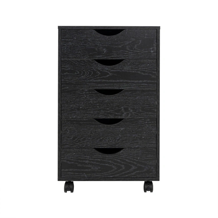 Cassettiera in Legno a 5 Cassetti con Ruote – Bianco / Espresso / Rovere Grigio / Nero Invecchiato / Naturale / Rovere Marrone / Rovere Vintage, 1 Persona