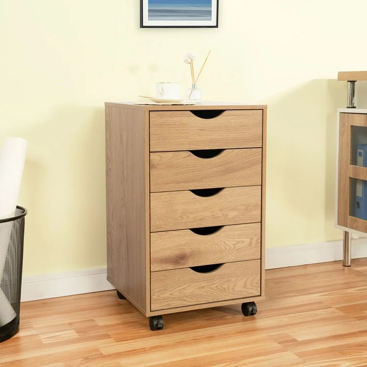 Cassettiera in Legno a 5 Cassetti con Ruote – Bianco / Espresso / Rovere Grigio / Nero Invecchiato / Naturale / Rovere Marrone / Rovere Vintage, 1 Persona