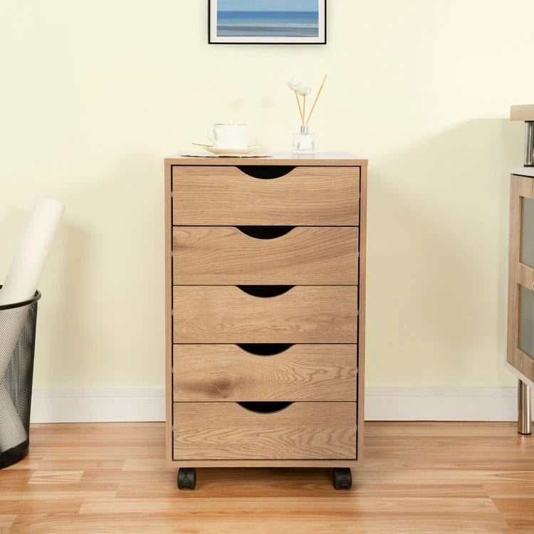 Cassettiera in Legno a 5 Cassetti con Ruote – Bianco / Espresso / Rovere Grigio / Nero Invecchiato / Naturale / Rovere Marrone / Rovere Vintage, 1 Persona