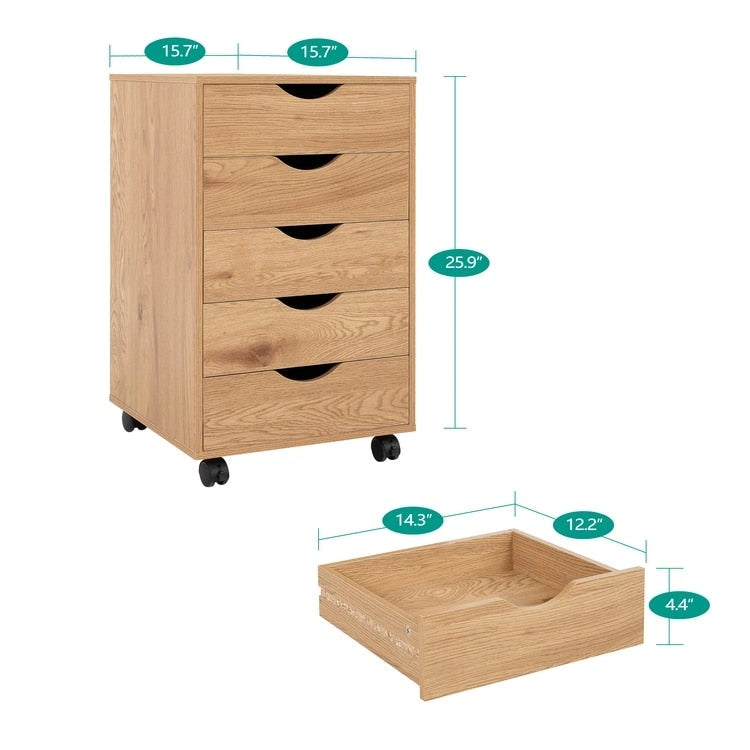 Cassettiera in Legno a 5 Cassetti con Ruote – Bianco / Espresso / Rovere Grigio / Nero Invecchiato / Naturale / Rovere Marrone / Rovere Vintage, 1 Persona