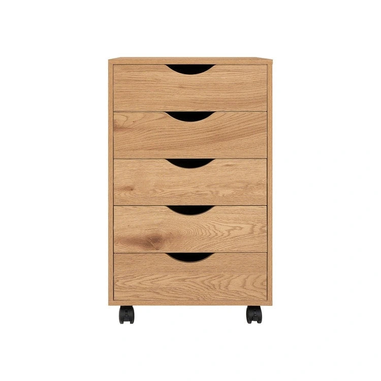 Cassettiera in Legno a 5 Cassetti con Ruote – Bianco / Espresso / Rovere Grigio / Nero Invecchiato / Naturale / Rovere Marrone / Rovere Vintage, 1 Persona