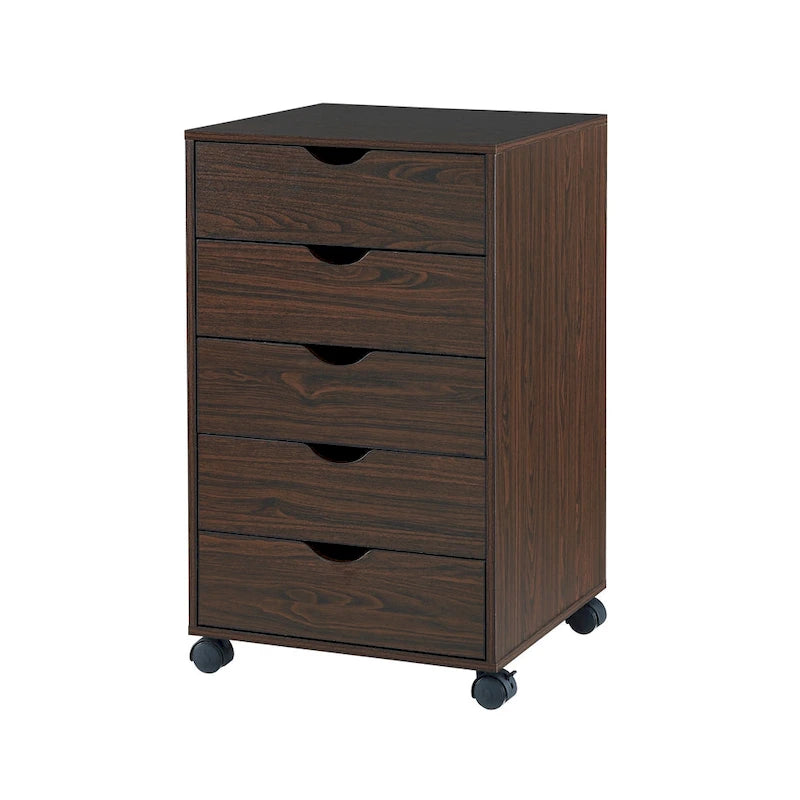 Cassettiera in Legno a 5 Cassetti con Ruote – Bianco / Espresso / Rovere Grigio / Nero Invecchiato / Naturale / Rovere Marrone / Rovere Vintage, 1 Persona