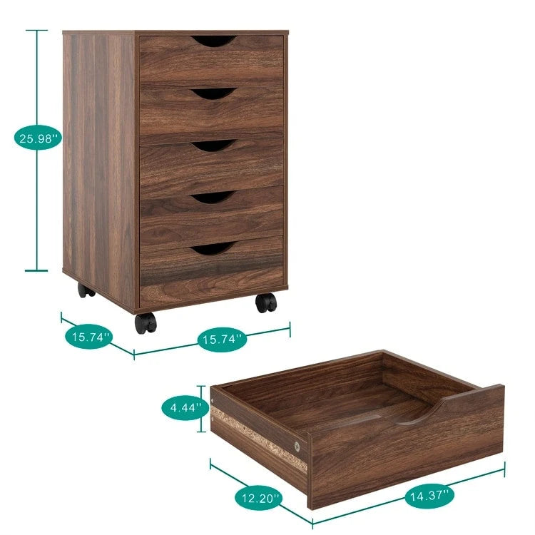 Cassettiera in Legno a 5 Cassetti con Ruote – Bianco / Espresso / Rovere Grigio / Nero Invecchiato / Naturale / Rovere Marrone / Rovere Vintage, 1 Persona