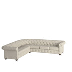 Divano componibile Chesterfield a L, 7 posti, beige / grigio / marrone, lino / velluto / pelle rigenerata