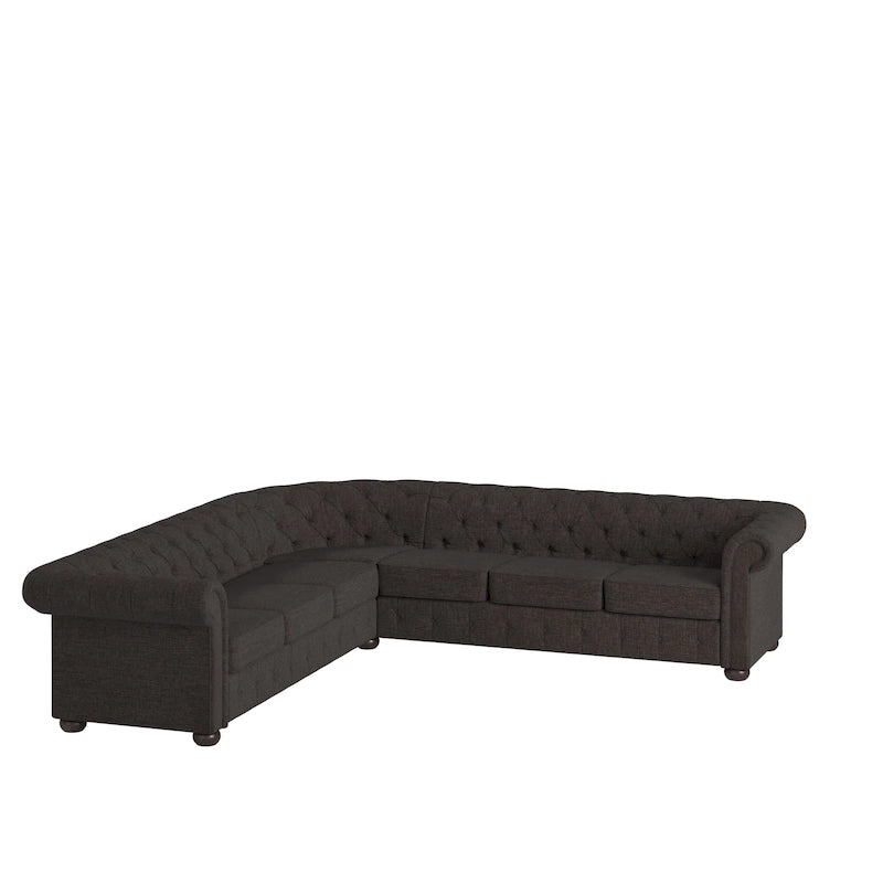 Divano componibile Chesterfield a L, 7 posti, beige / grigio / marrone, lino / velluto / pelle rigenerata