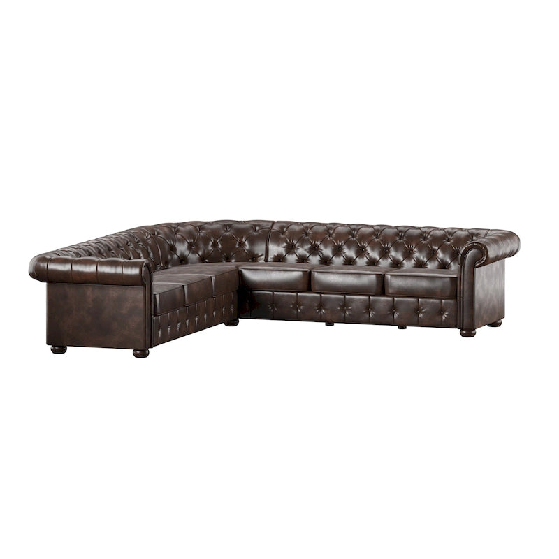 Divano componibile Chesterfield a L, 7 posti, beige / grigio / marrone, lino / velluto / pelle rigenerata