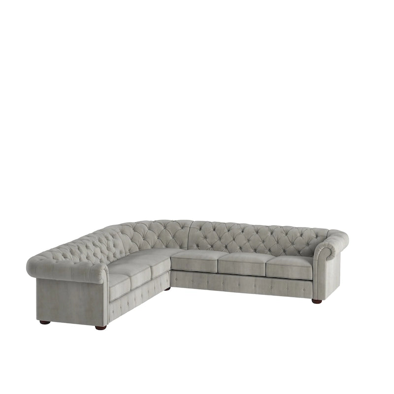 Divano componibile Chesterfield a L, 7 posti, beige / grigio / marrone, lino / velluto / pelle rigenerata